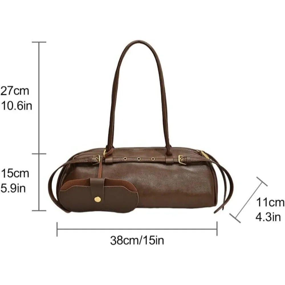 Wome'ns Brown PU Leather Tote Bag Casual Bowling Bag Purse Retro Underarm